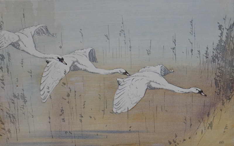 Allen W. Seaby (1867-1953), woodcut in colour, Three flying geese, signed in pencil, 22 x 34cm, mounted, unframed. Condition - fair